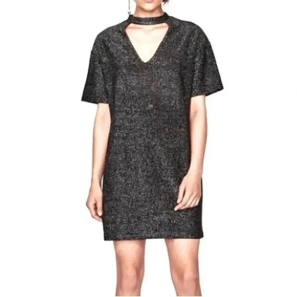 Zara Black Metallic Sparkle Blink Blink Shirt Shift Dress Size Large L - Picture 1 of 4